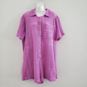 Free People Beach Crochet Knit Romper Coverup XL Purple Wooden Buttons Pockets